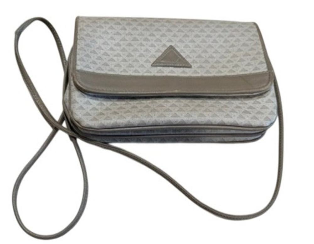 Liz Claiborne Gray Monogram Crossbody Purse Genuine Leather Trim Vintage 1984
